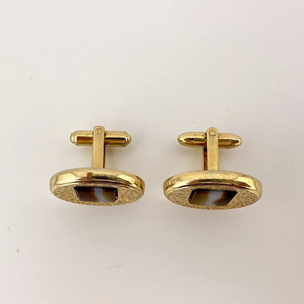 Vintage Hickok Canada Gold Tone Oval Cufflinks Set Inset Glass Rectangle 1